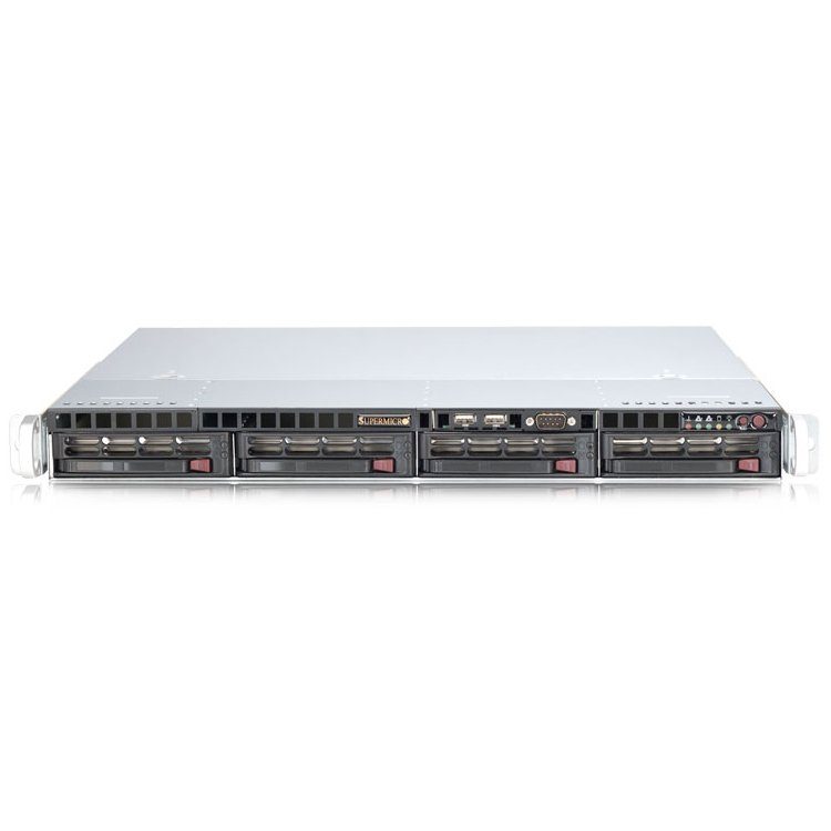 Server SUPERMICRO (Rack-Mountable, Intel C602 (Socket 1356), Bus 8GT/sec, DDR3 SDRAM 800MHz(PC3-6400)/1066MHz(PC3-8500)/1333MHz(PC3-10600)/1600MHz(PC3-12800), Matrox G200eW, Черен, 1U), С опаковка