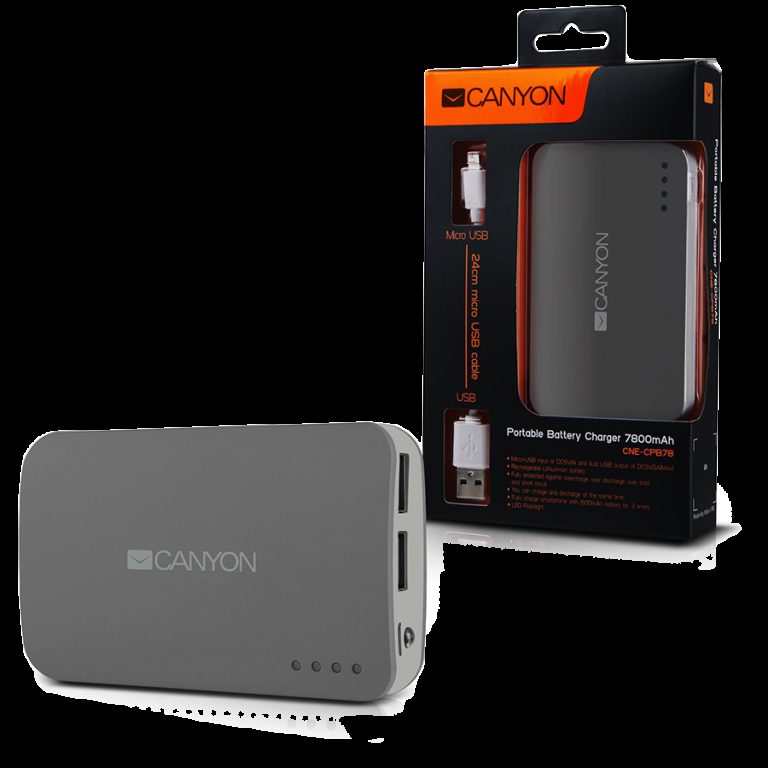 CANYON CNE-CPB78DG Dark grey color portable battery charger with 7800mAh, micro USB input 5V/1A and USB output 5V/1A(max.)