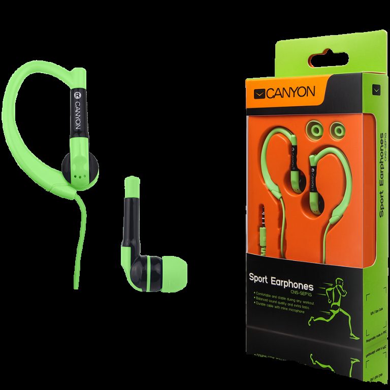 CANYON sport earphones, over-ear fixation, inline microphone, green
