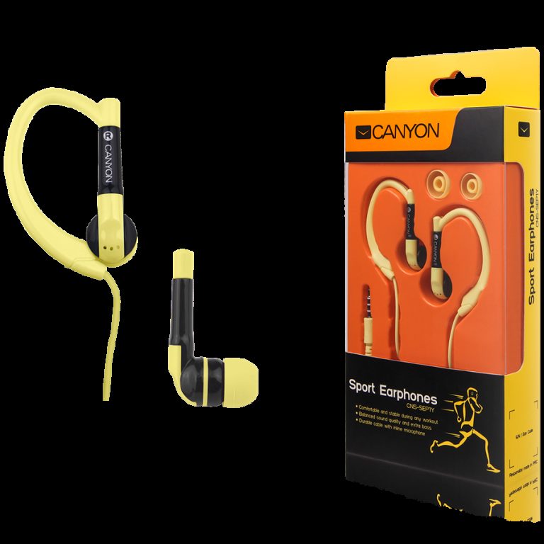 CANYON sport earphones, over-ear fixation, inline microphone, yellow