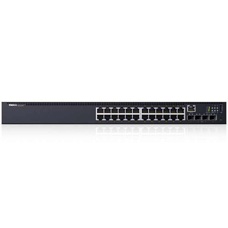 Dell Networking N1524P, PoE+, 24x 1GbE + 4x 10GbE SFP+ fixed ports, Stacking, IO to PSU airflow, AC