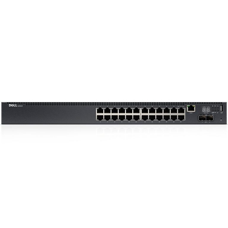 Dell Networking N2024, L2, 24x 1GbE + 2x 10GbE SFP+ fixed ports, Stacking, IO to PSU airflow, AC