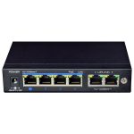 4-port PoE Switch 10/100, 1 Uplink port, CCTV standard – 10Mbps (up to 250 m), MDI/MDIX, 26W per port.