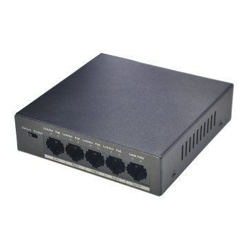 4-Port PoE Switch 10/100 Mbps (Unmanaged), 1 Uplink port, transmission distance of power and data up to 250m (extended mode).