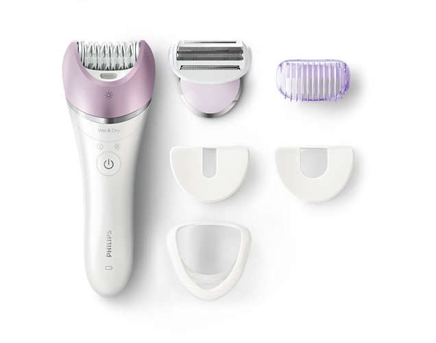 Philips Епилатор за използване на мокро и сухо Satinelle Advanced, За краката, тялото и лицето, Керамични дискове за фини косъмчета, S-образна форма на дръжката, + 5 приставки