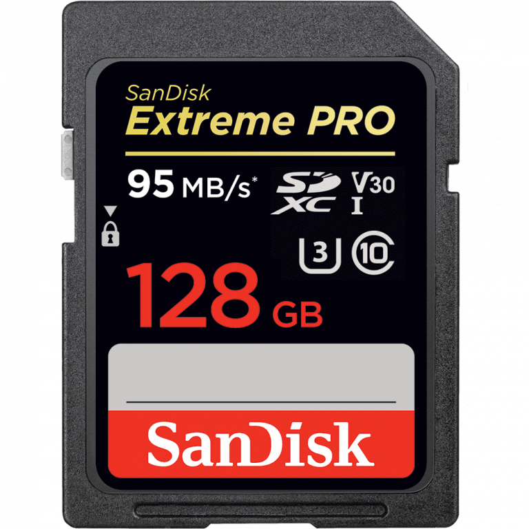 Памет SanDisk Extreme Pro SDXC 128GB – 95MB/s V30 UHS-I U3, read-write: up to 95 MB/s, 90 MB/s