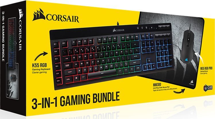 Геймърски комплект Corsair 3-in-1 Bundle, K55 RGB Keyboard, M55 RGB PRO Mouse, MM300 Cloth Mousepad–Medium